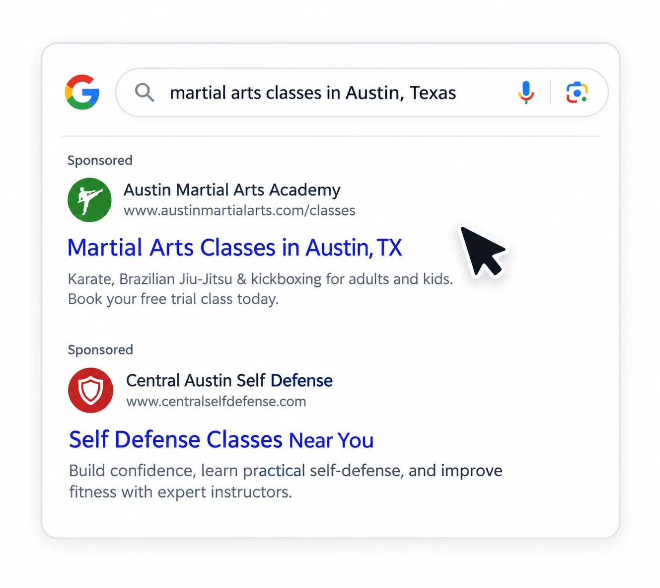 Google search results for martial arts classes in Austin, Texas, showing two sponsored ads at the top